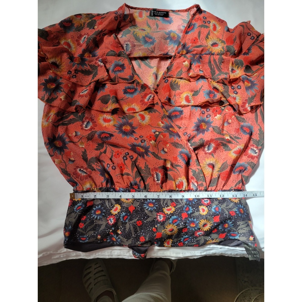 Zara Colorful Floral Ruffle Chiffon Romantic Short Sleeve Bodysuit Sz M - Picture 13 of 15